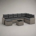 Canapé de jardin modulable en U 9 pièces en résine tressée PE et acier gris avec coussins anthracite et table noire, 310 × 220 × 74 cm