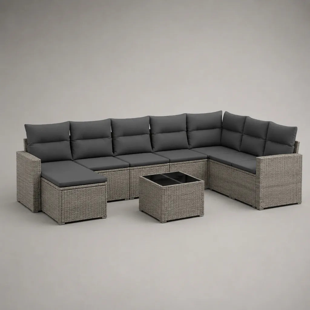 Canapé de jardin modulable en U 9 pièces en résine tressée PE et acier gris avec coussins anthracite et table noire, 310 × 220 × 74 cm
