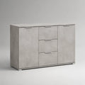 Buffet de rangement rectangulaire en panneaux de particules gris béton, 2 portes et 3 tiroirs, 140 × 40 × 85 cm