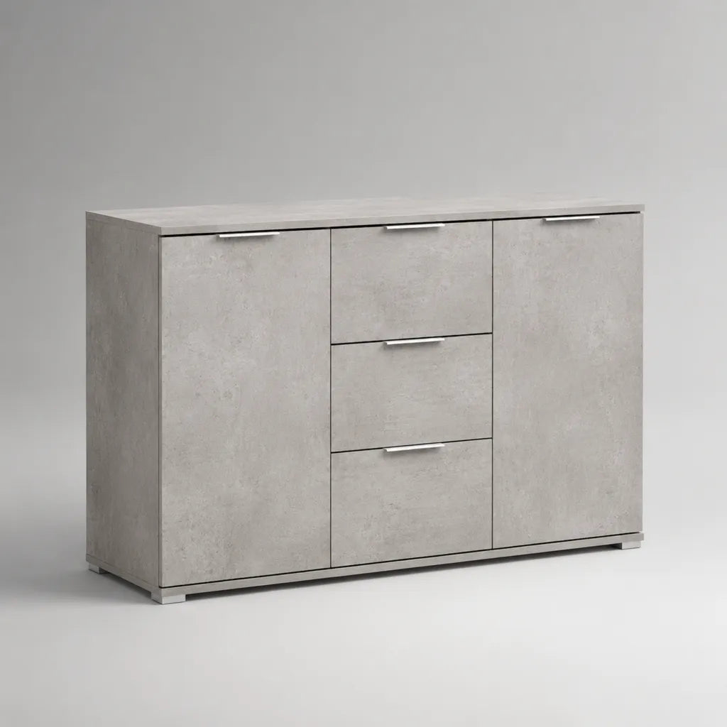 Buffet de rangement rectangulaire en panneaux de particules gris béton, 2 portes et 3 tiroirs, 140 × 40 × 85 cm