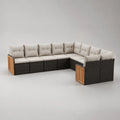 Canapé de jardin d’angle modulable 6 places en résine tressée, acier et bois, noir, beige et marron naturel, 280 × 210 × 78 cm