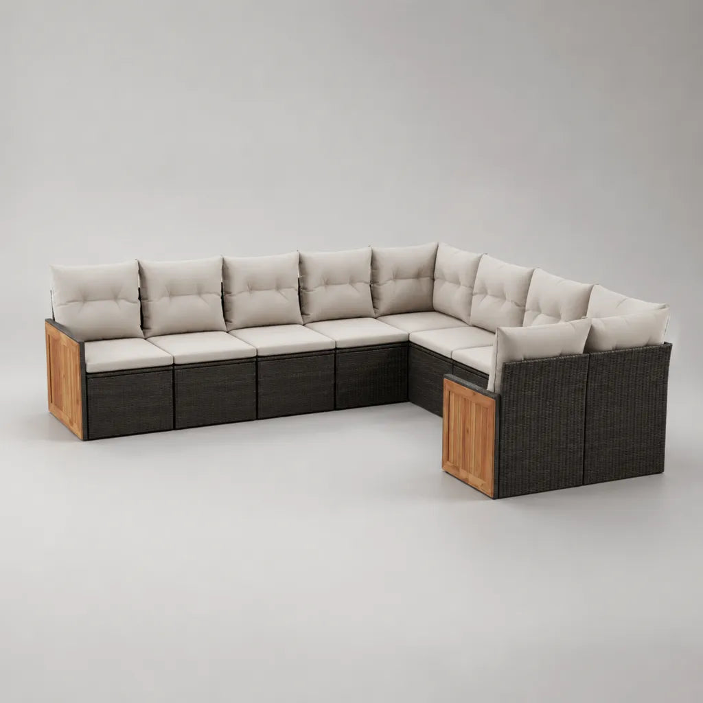 Canapé de jardin d’angle modulable 6 places en résine tressée, acier et bois, noir, beige et marron naturel, 280 × 210 × 78 cm