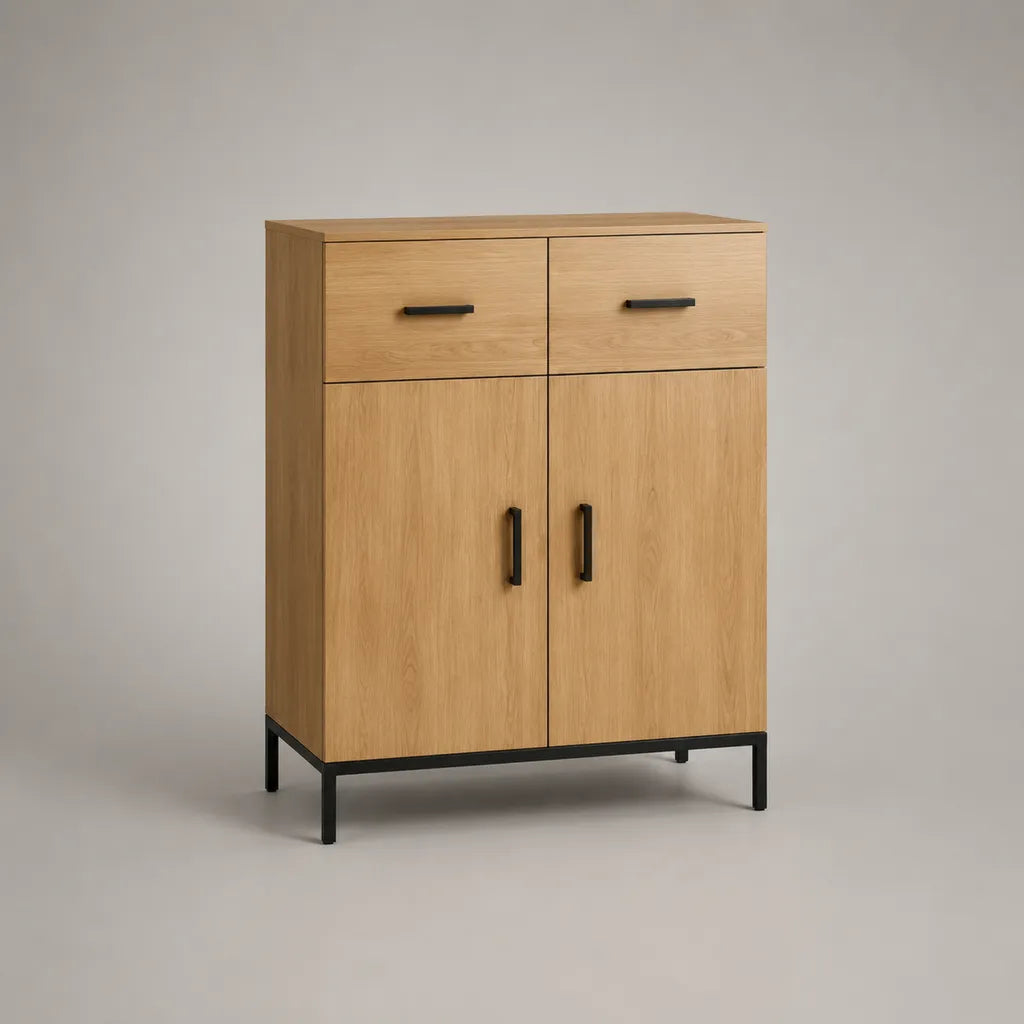 Buffet haut 2 portes et 2 tiroirs en panneaux de particules effet chêne naturel et acier noir, 80 × 40 × 110 cm