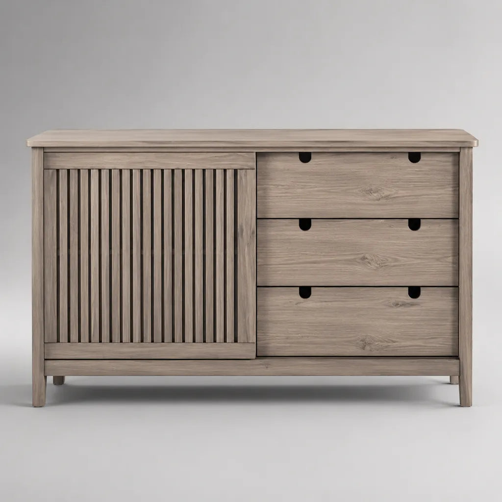 Buffet bas rectangulaire en panneaux de particules, 1 porte à lattes et 3 tiroirs, effet chêne grisé, 120 × 40 × 80 cm