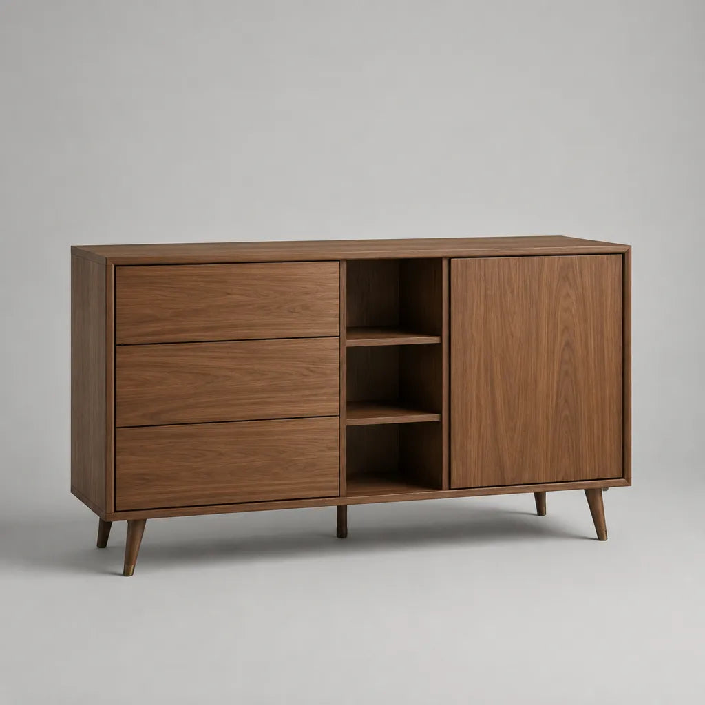 Buffet de rangement en MDF plaqué noyer brun, 3 tiroirs, 1 porte et 3 niches, 140 × 40 × 80 cm