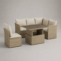 Salon de jardin 6 places en résine tressée beige, canapé d’angle, fauteuil et table relevable 120 × 70 × 48-65 cm