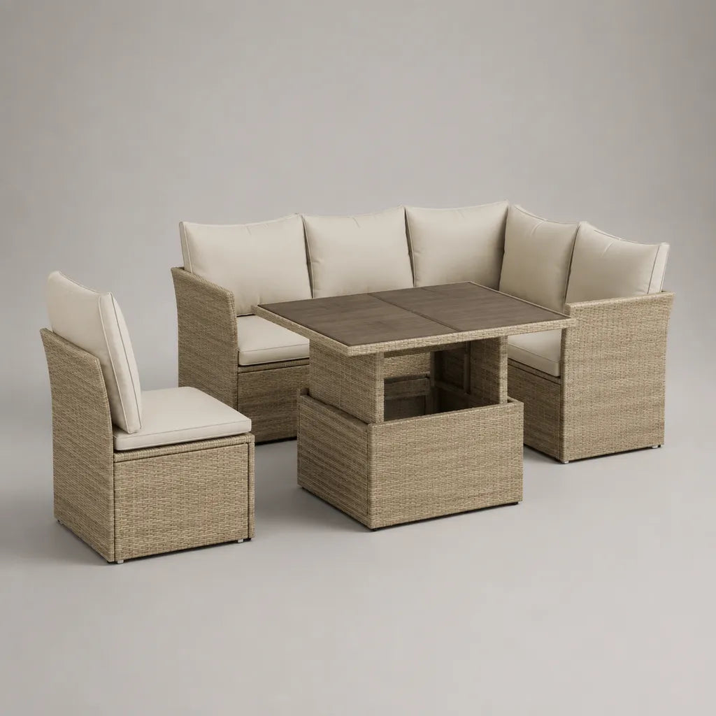 Salon de jardin 6 places en résine tressée beige, canapé d’angle, fauteuil et table relevable 120 × 70 × 48-65 cm