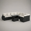 Salon de jardin modulable en U 9 pièces, 8 places, en résine tressée et acier noir avec coussins crème, 255 × 255 × 73 cm