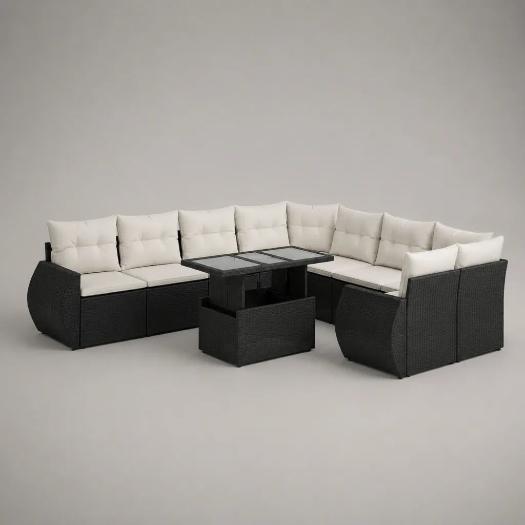 Salon de jardin modulable en U 9 pièces, 8 places, en résine tressée et acier noir avec coussins crème, 255 × 255 × 73 cm