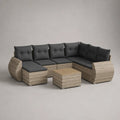 Salon de jardin d’angle 6 places en résine tressée beige avec coussins anthracite, repose-pieds et table, 260 × 190 × 75 cm