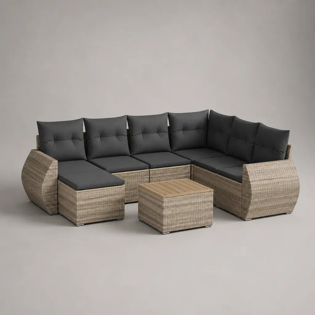 Salon de jardin d’angle 6 places en résine tressée beige avec coussins anthracite, repose-pieds et table, 260 × 190 × 75 cm