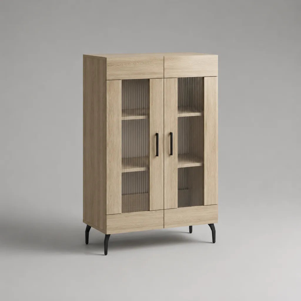 Buffet haut vaisselier en panneaux de particules et verre cannelé, chêne clair, gris et noir, 100 × 40 × 150 cm