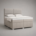 Lit double à sommier tapissier en velours polyester beige, pieds gris, avec matelas et surmatelas, couchage 160 x 200 cm