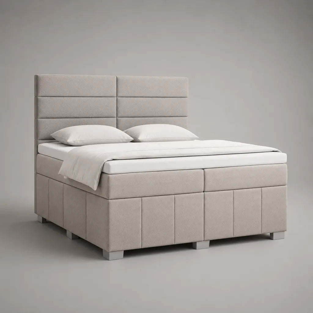 Lit double à sommier tapissier en velours polyester beige, pieds gris, avec matelas et surmatelas, couchage 160 x 200 cm