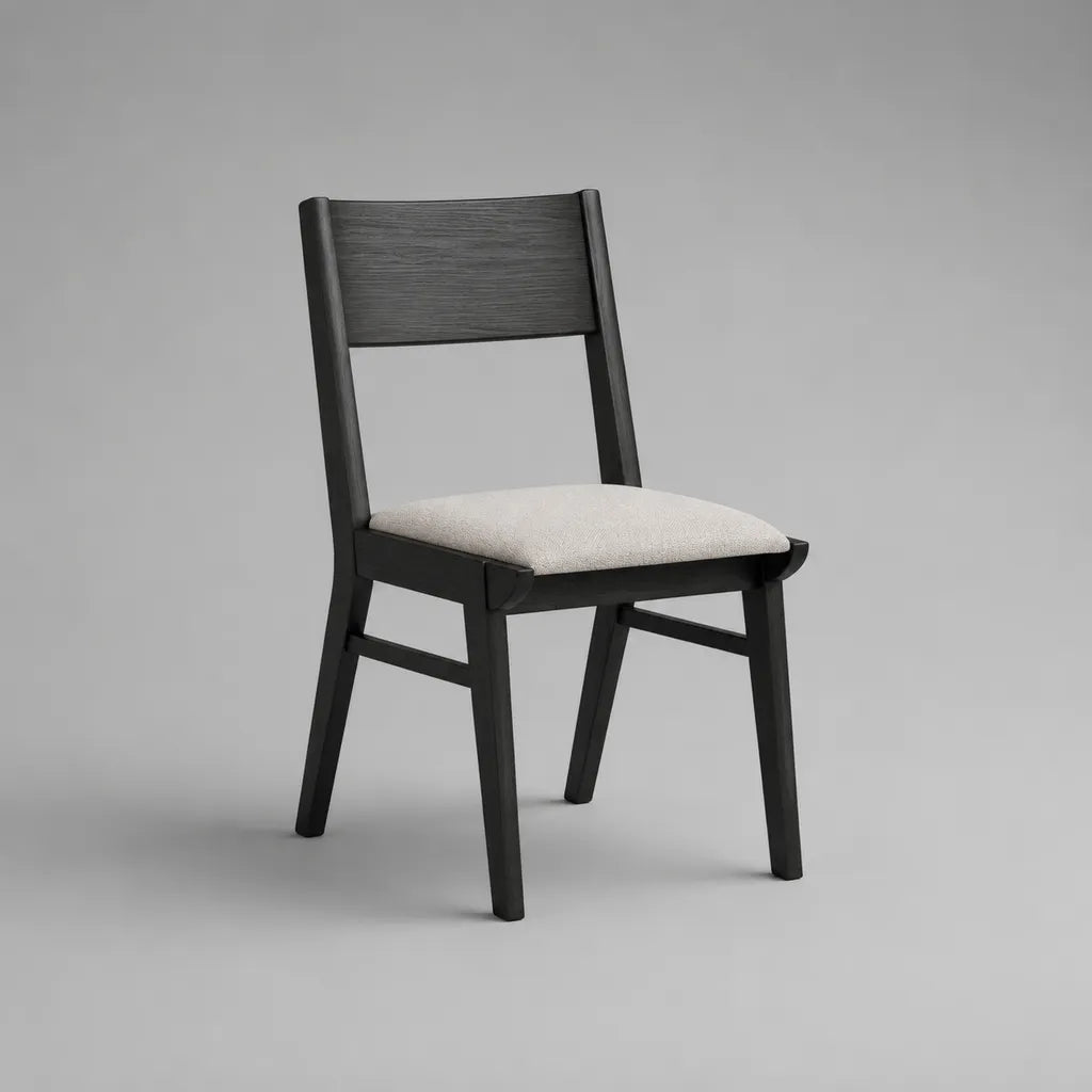 Chaise de salle à manger en bois massif et tissu, dossier rectangulaire, noir et beige clair, 47 x 52 x 83 cm
