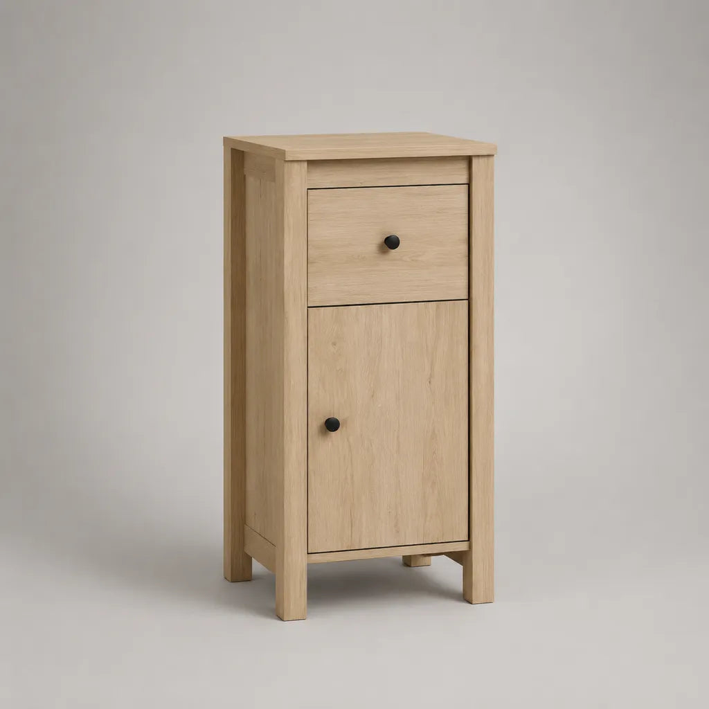 Buffet haut étroit en bois plaqué chêne clair avec 1 tiroir et 1 porte, 40 × 35 × 90 cm