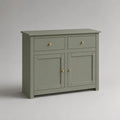 Buffet de rangement rectangulaire en panneaux MDF, vert olive et bois naturel, 2 portes et 2 tiroirs, 90 × 40 × 90 cm