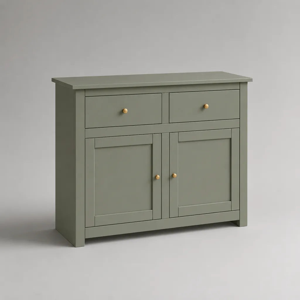 Buffet de rangement rectangulaire en panneaux MDF, vert olive et bois naturel, 2 portes et 2 tiroirs, 90 × 40 × 90 cm