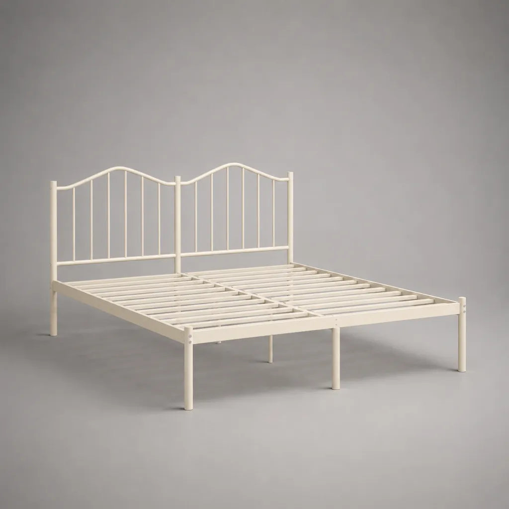 Cadre de lit double en acier blanc cassé 140 × 190 cm avec sommier à lattes et tête de lit arquée