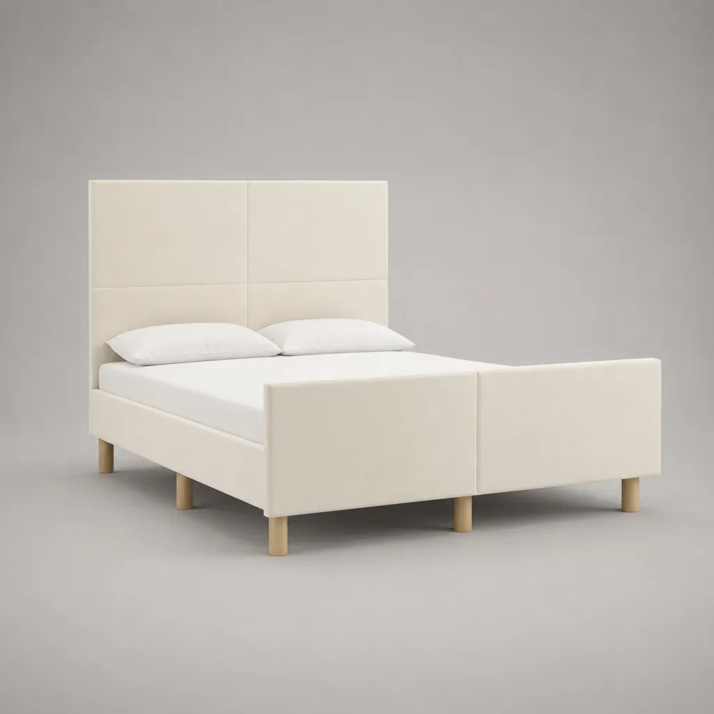 Lit double rembourré en tissu écru 160 × 200 cm avec tête et pied de lit