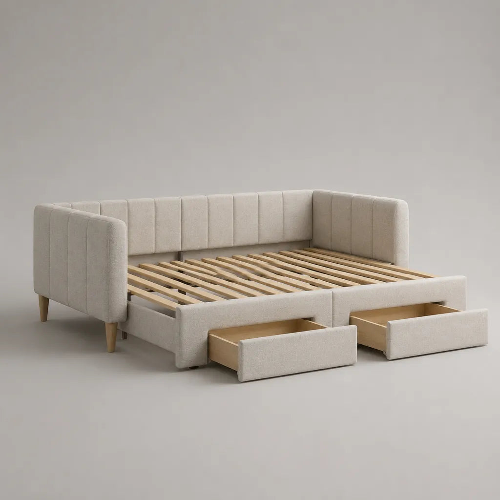 Lit banquette 2 places rectangulaire beige avec 2 tiroirs, cadre rembourré en tissu et sommier à lattes en bois, couchage 140 x 200 cm, dimensions 216 x 151 x 83 cm