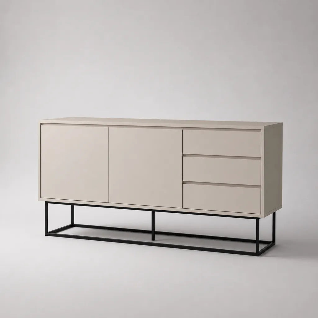 Buffet bas rectangulaire 2 portes et 3 tiroirs en MDF et acier, beige et noir, 160 × 40 × 80 cm