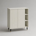 Buffet de rangement rectangulaire en MDF blanc rainuré, 2 portes et 3 niches, pieds noirs avec embouts laiton, 100 × 40 × 110 cm