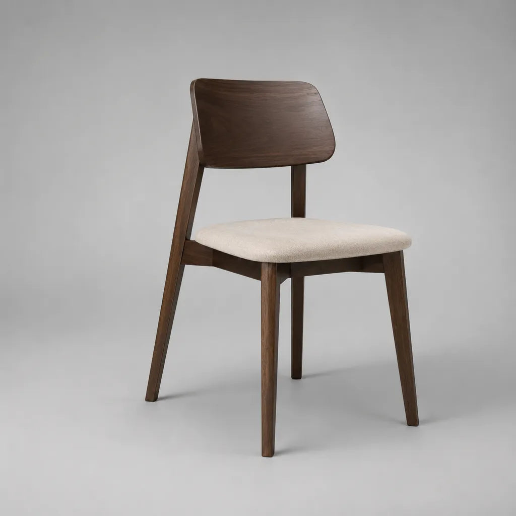 Chaise de salle à manger en bois et tissu bouclé, dossier incurvé, brun noyer et beige, 50 × 53 × 79 cm