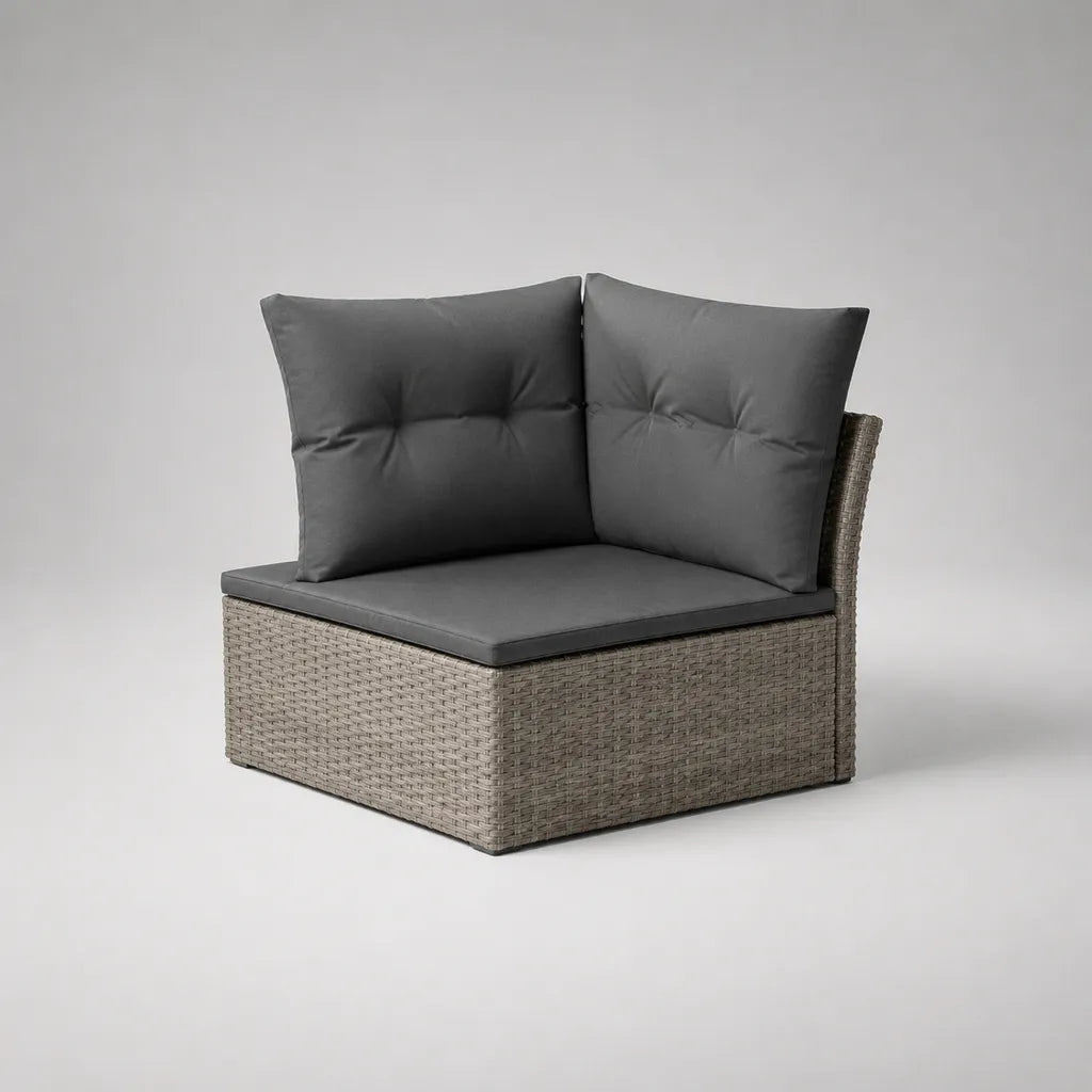 Canapé de jardin d’angle 1 place en résine tressée et acier, gris taupe et anthracite, 75 × 75 × 65 cm