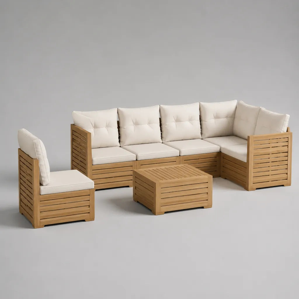 Salon de jardin d’angle 5 places en bois, fauteuil et table basse, coussins crème, 260 × 200 × 78 cm