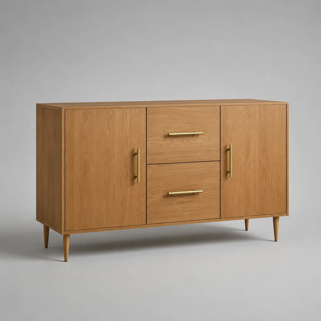 Buffet de rangement rectangulaire en MDF plaqué chêne naturel, 2 portes et 2 tiroirs, 140 × 40 × 80 cm
