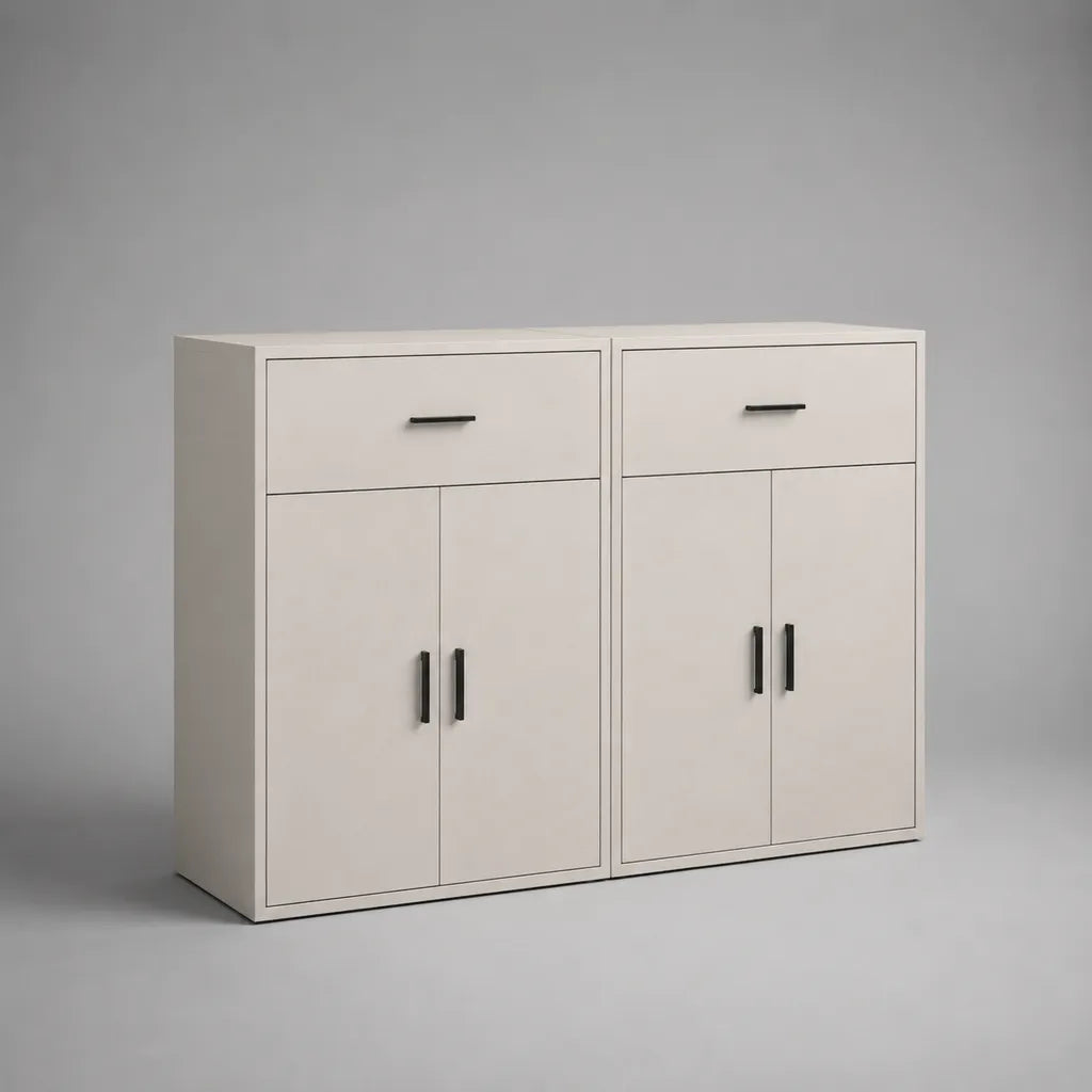 Lot de 2 buffets de rangement en panneaux de particules mélaminés, 1 tiroir et 2 portes chacun, blanc cassé et noir, 70 × 40 × 100 cm par buffet, largeur totale 140 cm