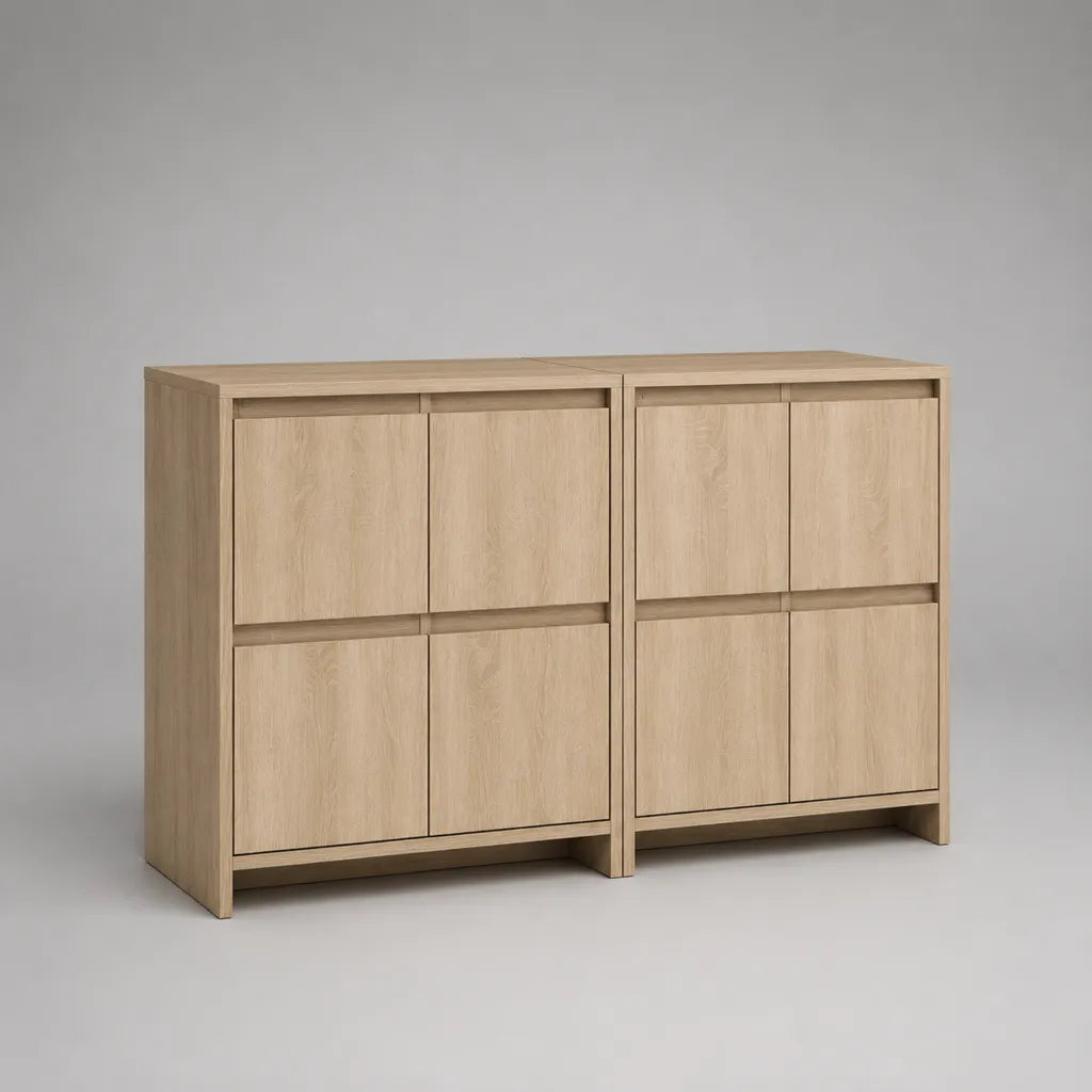Lot de 2 buffets rectangulaires en bois à 8 portes, chêne clair, dimensions totales 160 × 40 × 90 cm