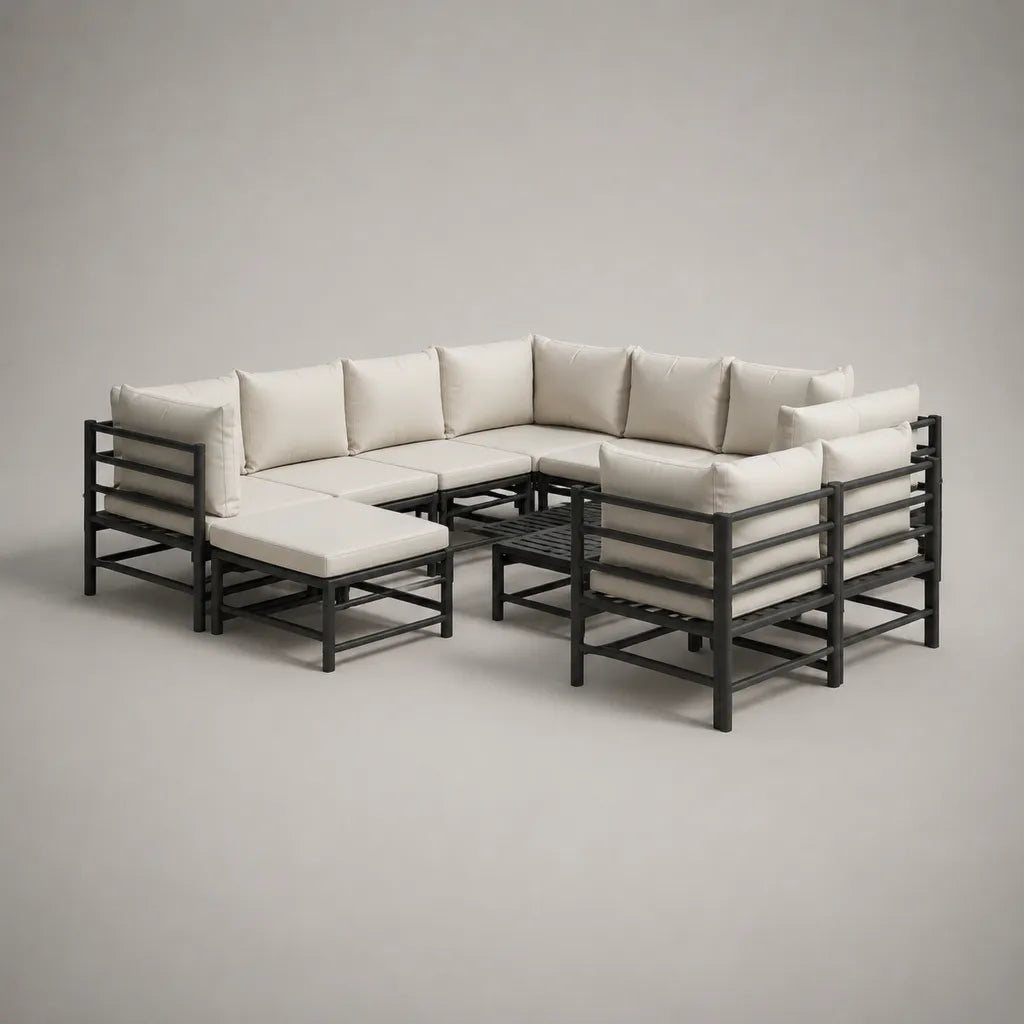 Salon de jardin modulable 9 pièces en acier avec coussins écrus, gris anthracite, forme en U, 320 × 260 × 78 cm