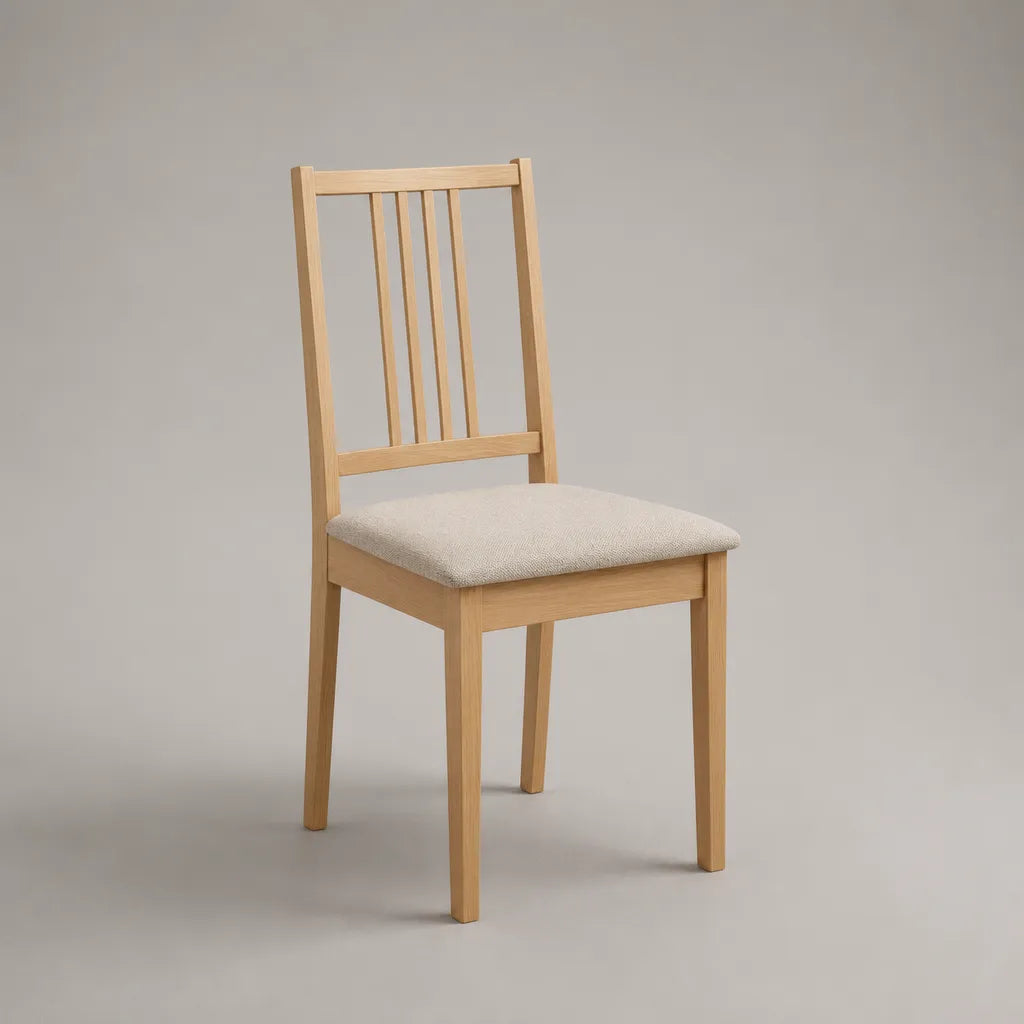 Chaise de salle à manger en bois massif naturel clair avec assise rembourrée beige et dossier à barreaux, 45 × 52 × 94 cm